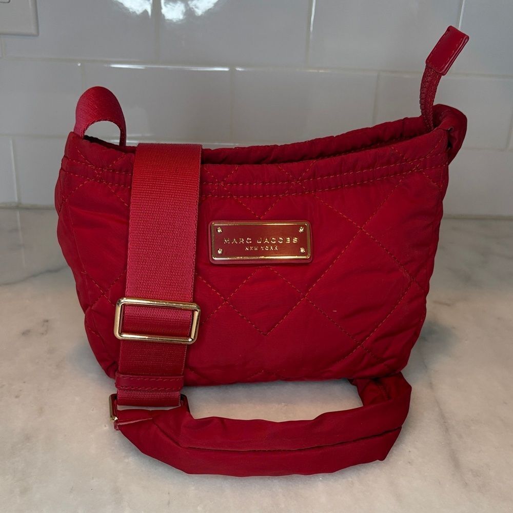 Marc Jacobs Bag Purse Handbag Crossbody Bag Quilted Nylon Pocketbook Cherry Red